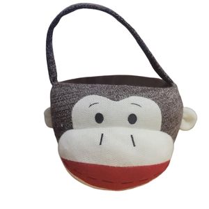 Dan Dee Sock Monkey Basket Plush Stuffed Animal Brown With Handle Toy Bucket